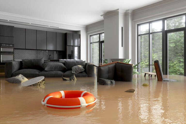 flooded living room with sofa, armchairs and life buoy floating on water
